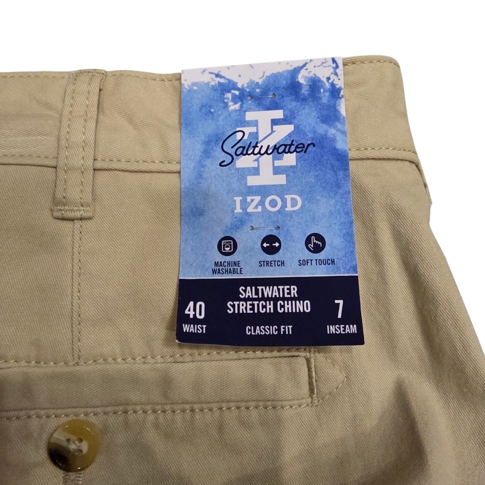 IZOD Saltwater Stretch Chino Classic Shorts 40x7 Khaki NWT